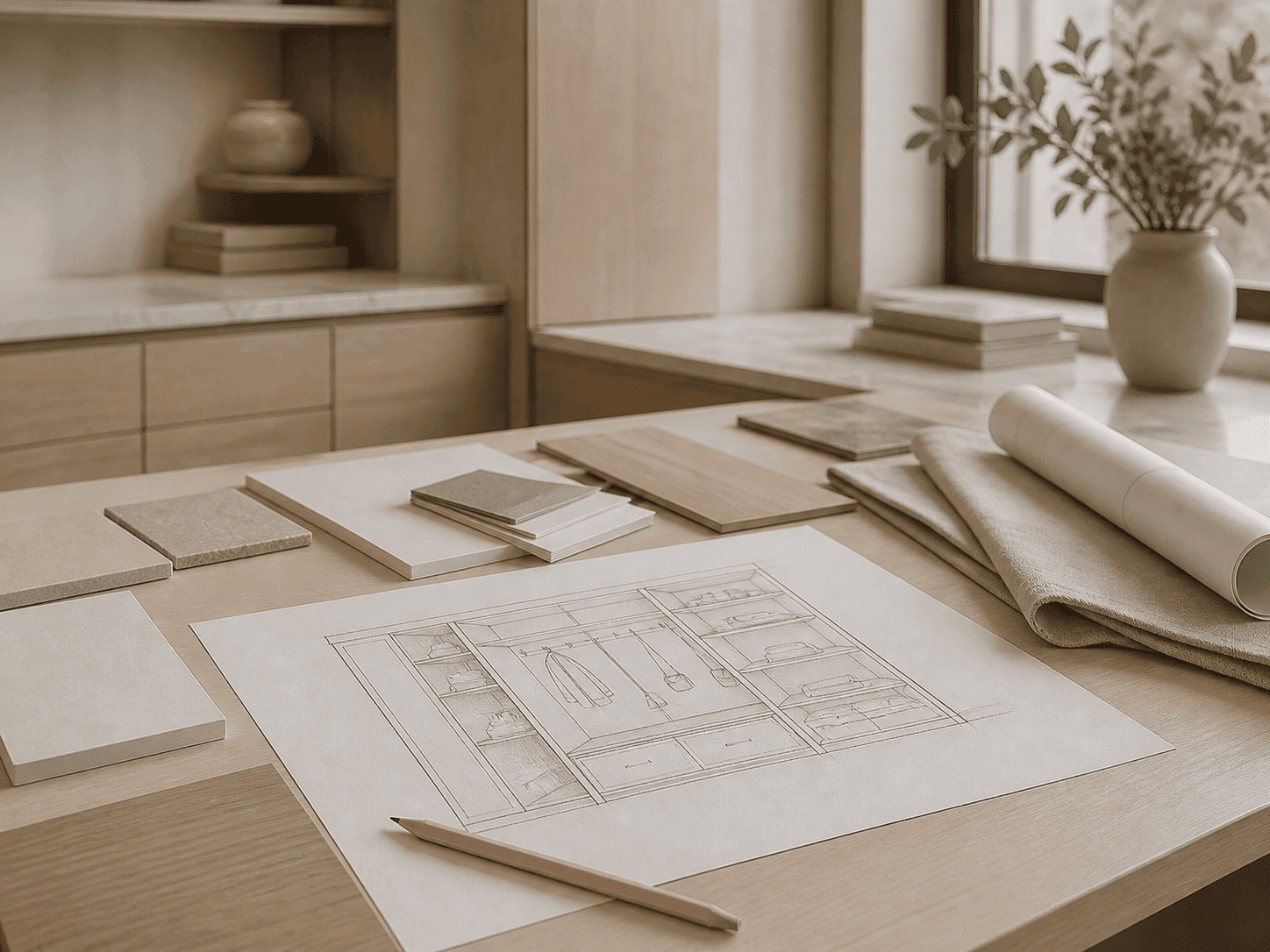 Plans and materials on a desk